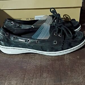 Coach Black Signature Canvas Boat Shoes with White Soles and Laces
